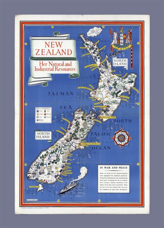Подробная иллюстрированная карта Новой Зеландии с природными и промышленными ресурсами