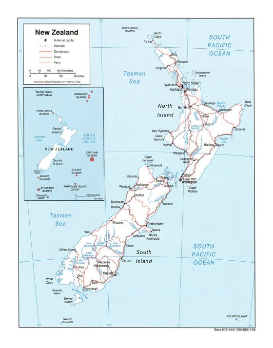 Детальная политическая карта Новой Зеландии с дорогами, железными дорогами и городами - 2006