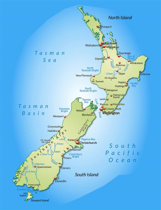 Большая подробная карта Новой Зеландии с городами