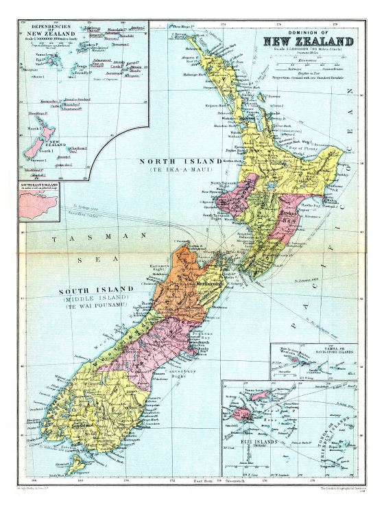Большая детальная старая политическая и административная карта Новой Зеландии - 1936
