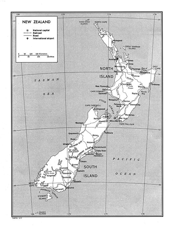 Большая подробная политическая и административная карта Новой Зеландии с дорогами, железными дорогами, городами и аэропортами - 1977