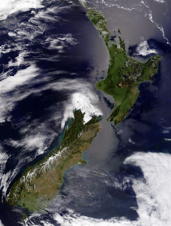Большая детальная спутниковая фотография Новой Зеландии