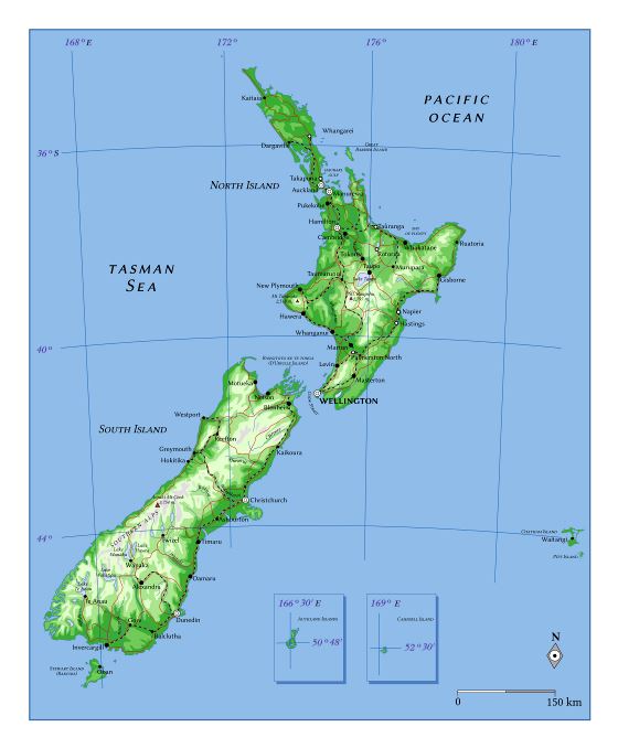 Большая карта высот Новой Зеландии с дорогами, железными дорогами и городами