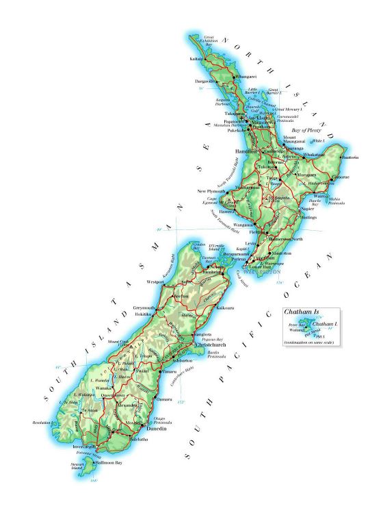 Большая карта высот Новой Зеландии с дорогами, железными дорогами, городами и аэропортами