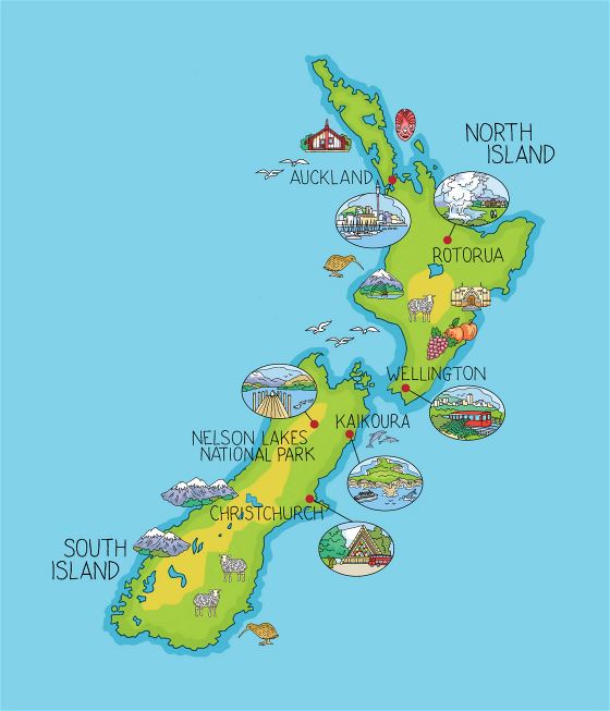 Большая иллюстрированная карта Новой Зеландии