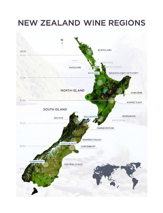 Большая карта винодельческих регионов Новой Зеландии