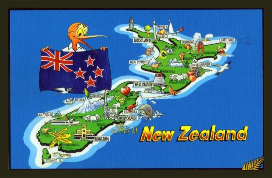 Большая иллюстрированная карта Новой Зеландии с флагом