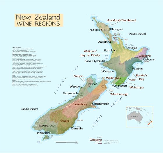 Большая карта винодельческая регионов Новой Зеландии