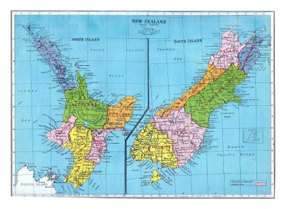 Большая старая политическая и административная карта Новой Зеландии - 1949