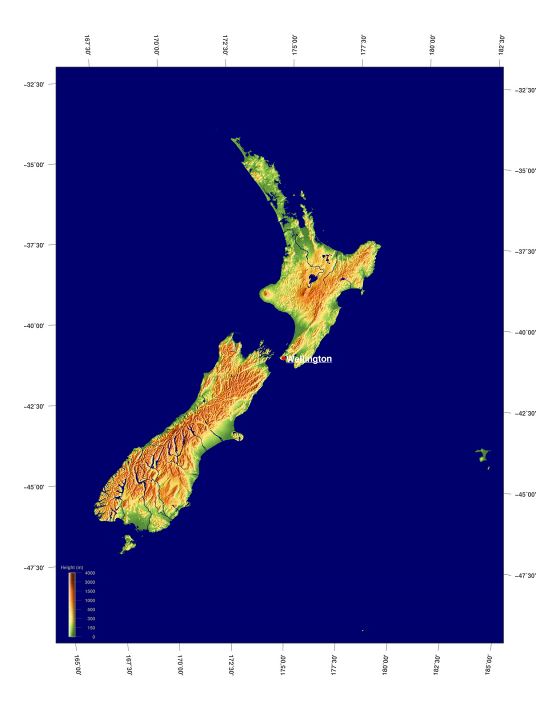 Большая физическая карта Новой Зеландии