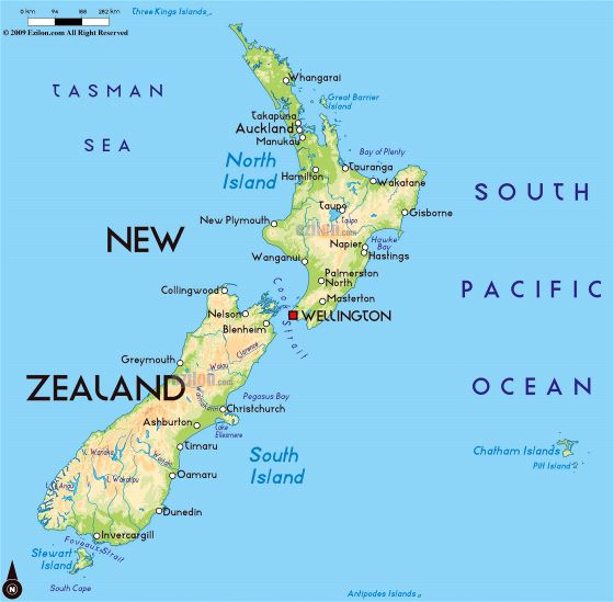 Большая физическая карта Новой Зеландии с городами
