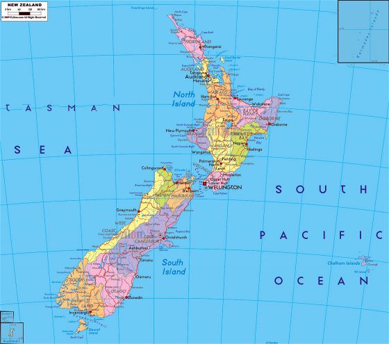 Большая политическая и административная карта Новой Зеландии с дорогами, городами и аэропортами