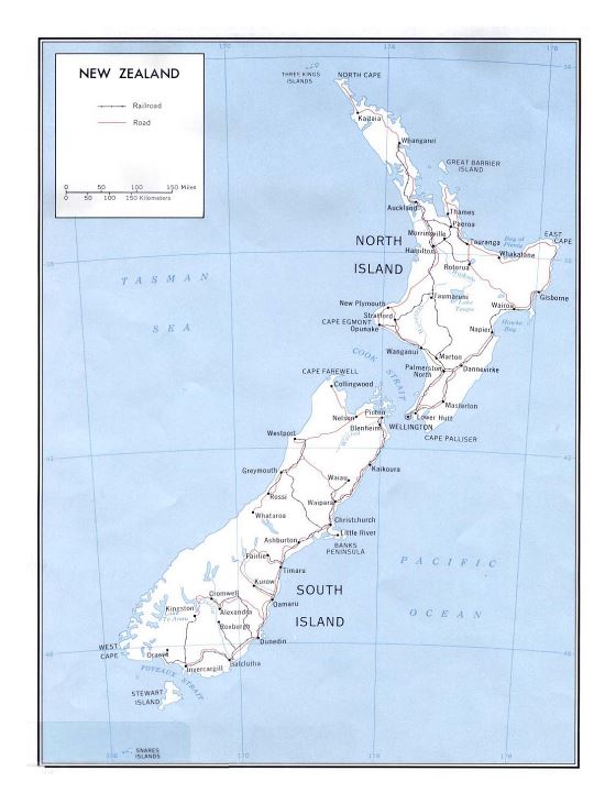 Большая политическая карта Новой Зеландии с пометками дорог, железных дорог и городов - 1970