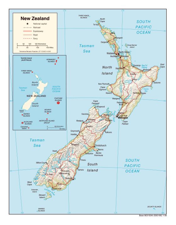 Большая политическая карта Новой Зеландии с рельефом, дорогами, железными дорогами и городами - 2006