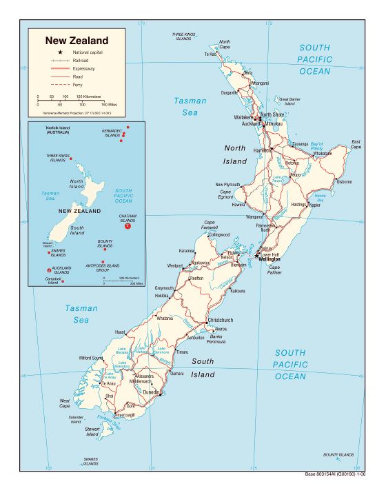 Большая политическая карта Новой Зеландии с дорогами, железными дорогами и городами - 2006