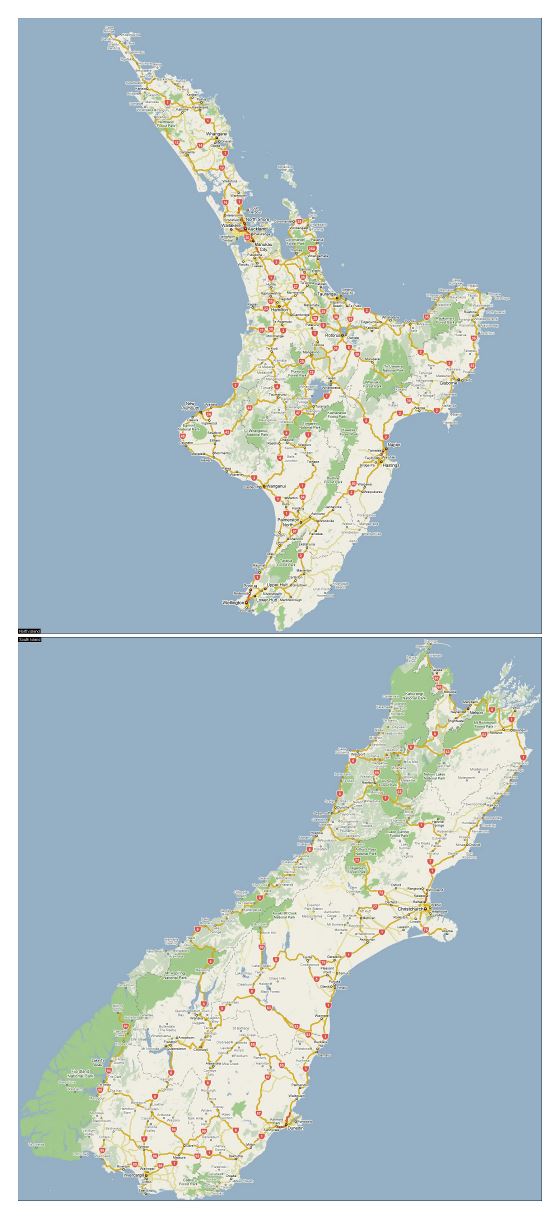 Большая карта дорог Новой Зеландии с национальными парками и городами
