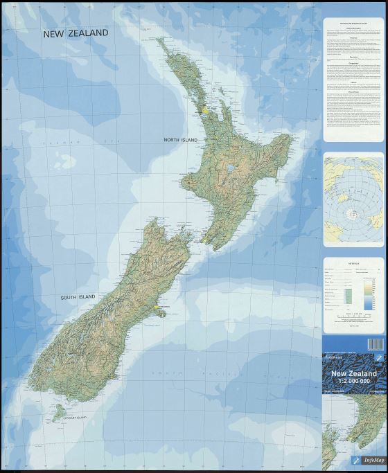 Крупномасштабная карта Новой Зеландии с рельефом, пометками всех городов, дорогами и другими пометками