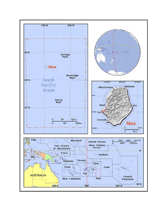 Детальная политическая карта Ниуэ с рельефом