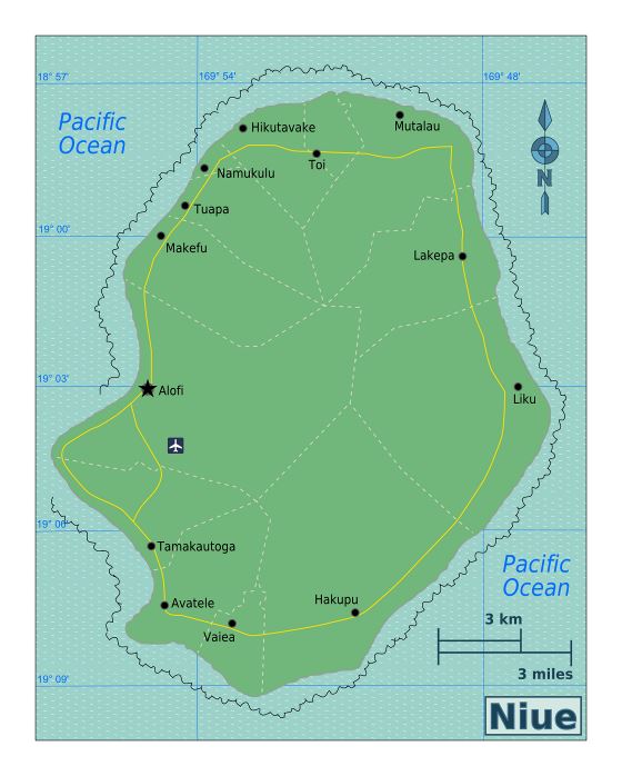 Большая карта Ниуэ с дорогами, городами и аэропортом