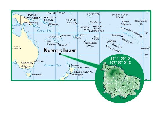 Детальная карта расположения острова Норфолк
