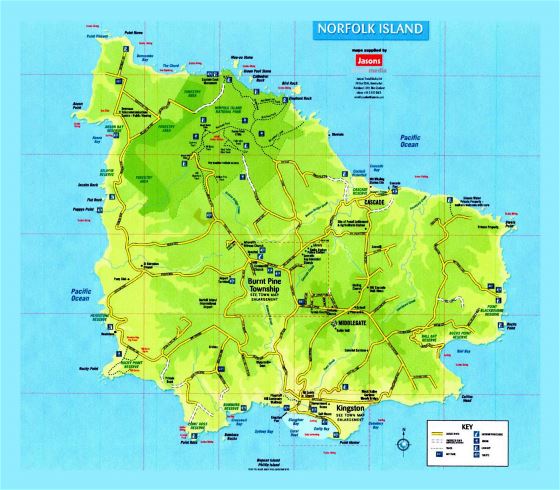 Подробная туристическая карта острова Норфолк с дорогами и пометками