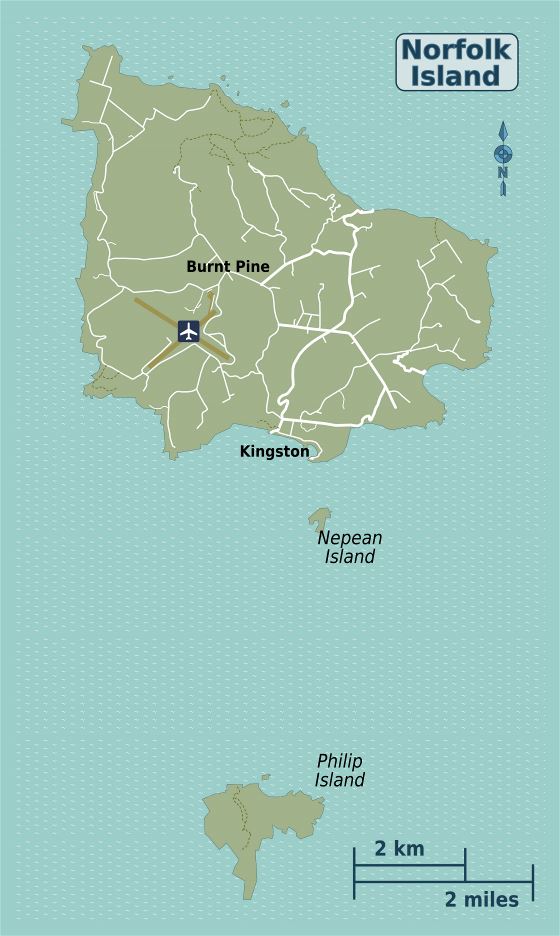 Большая детальная карта острова Норфолк с дорогами и аэропортом