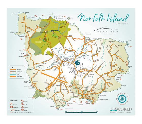 Большая детальная туристическая карта острова Норфолк с другими пометками