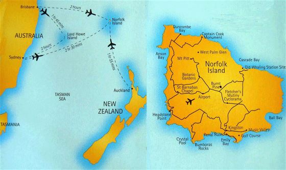 Большая карта маршрутов полета острова Норфолк с дорогами и аэропортом