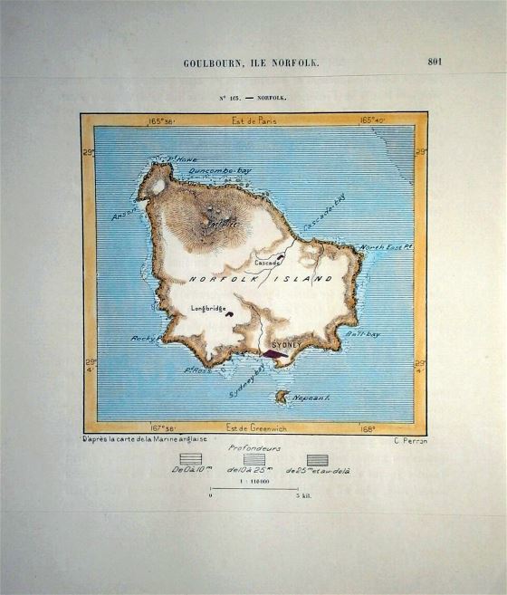 Большая старая карта острова Норфолк с рельефом - 1889