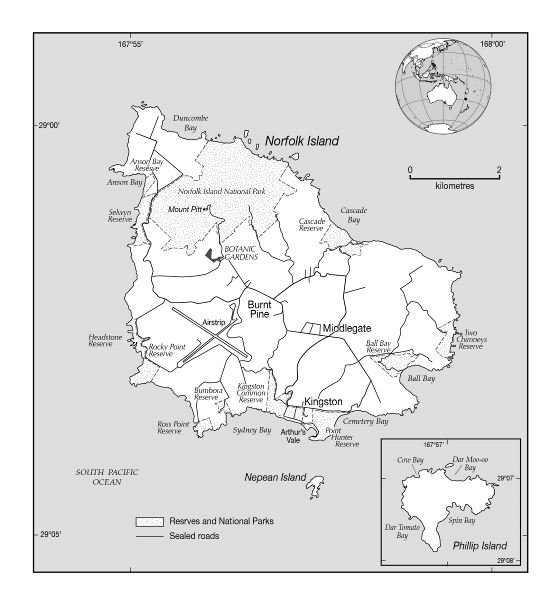 Большая политическая карта острова Норфолк с пометками