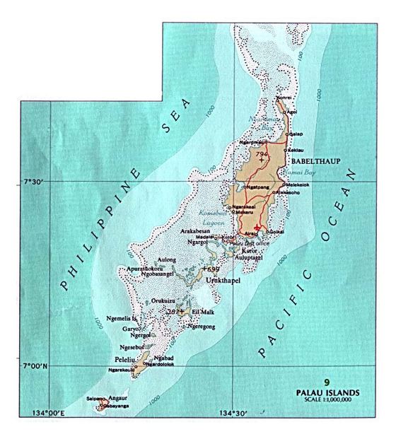 Детальная карта Палау с дорогами, городами и аэропортами