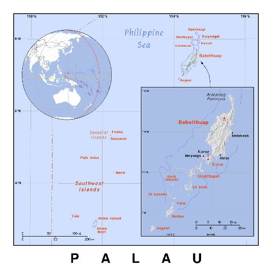 Детальная политическая карта Палау с рельефом