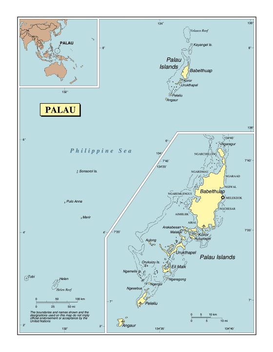 Большая детальная политическая карта Палау с городами и аэропортами
