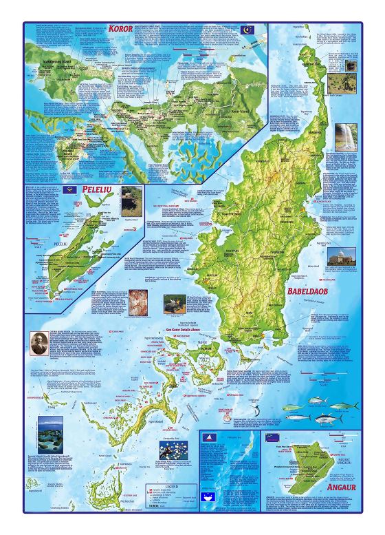 Большая туристическая карта Палау с рельефом и другими пометками
