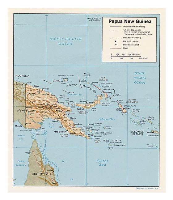 Подробная политическая и административная карта Папуа-Новой Гвинеи с рельефом, дорогами и городами - 1987