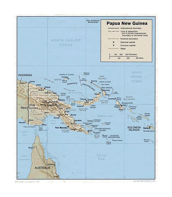 Детальная политическая и административная карта Папуа-Новой Гвинеи с рельефом, дорогами и городами - 1989