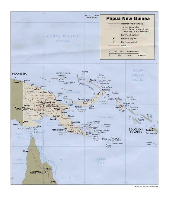 Детальная политическая и административная карта Папуа-Новой Гвинеи с дорогами и городами - 1989