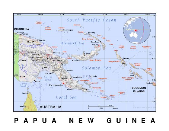 Детальная политическая карта Папуа-Новой Гвинеи с рельефом