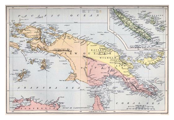 Большая детальная старая карта Новой Гвинеи и Новой Каледонии - 1884