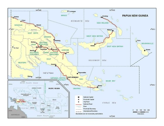 Большая детальная политическая и административная карта Папуа-Новой Гвинеи с основными дорогами, крупными городами и реками