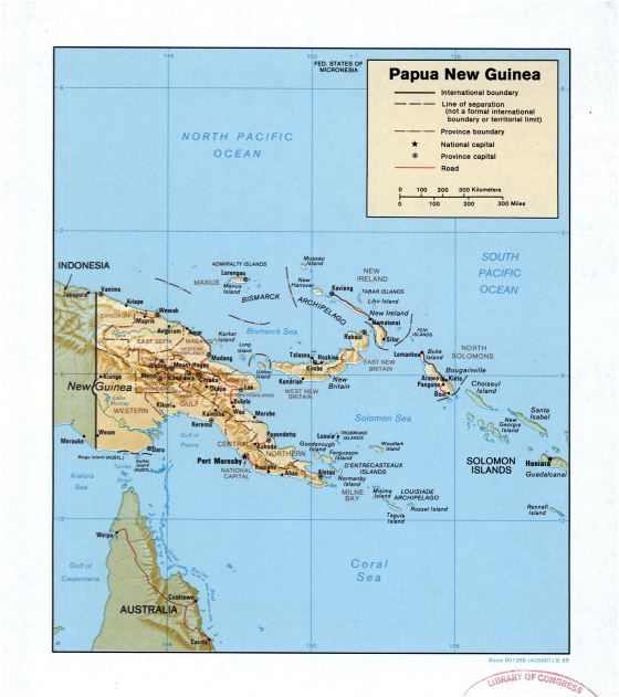 Большая подробная политическая и административная карта Папуа-Новой Гвинеи с рельефом, дорогами и городами - 1989
