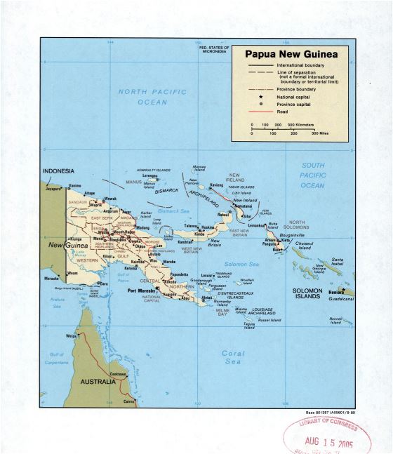 Большая детальная политическая и административная карта Папуа-Новой Гвинеи с дорогами и городами - 1989