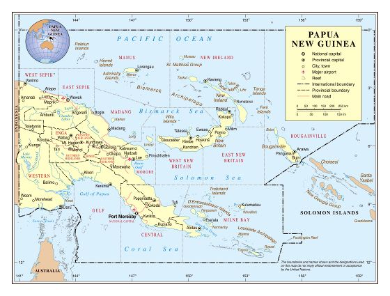 Большая подробная политическая и административная карта Папуа-Новой Гвинеи с дорогами, крупными городами, городами, деревнями и аэропортами