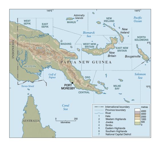 Большая карта высот Папуа-Новой Гвинеи с другими пометками