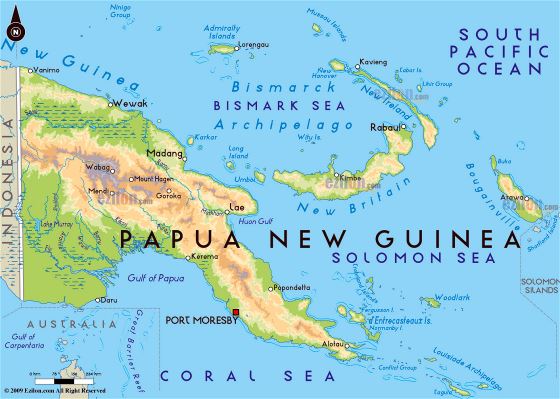 Большая физическая карта Папуа-Новой Гвинеи с крупными городами