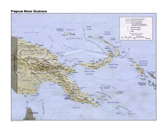 Большая политическая и административная карта Папуа-Новой Гвинеи с рельефом, дорогами и городами - 1985