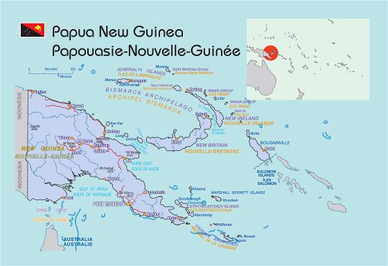 Большая политическая карта Папуа-Новой Гвинеи с дорогами и городами
