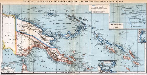 Крупномасштабная старая политическая карта Папуа-Новой Гвинеи с рельефом - 1894-96