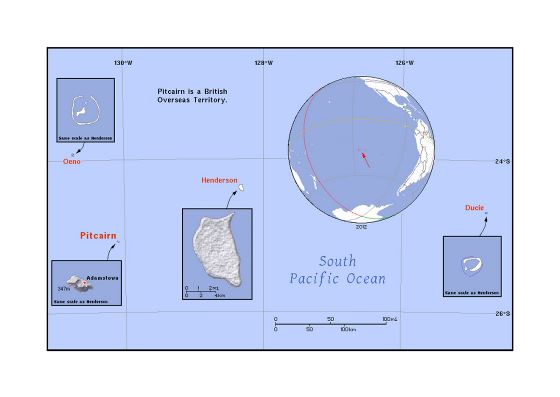 Детальная политическая карта островов Питкэрн с рельефом