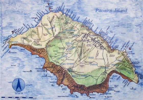 Большая карта острова Питкэрн с рельефом, дорогами и другими пометками